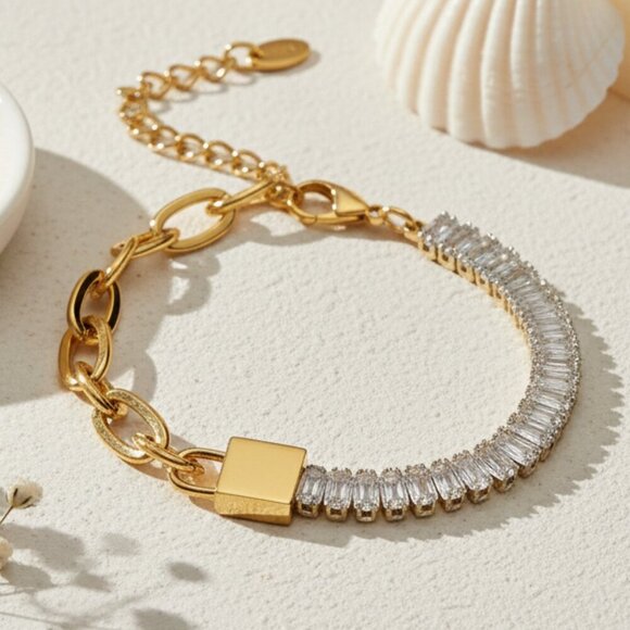 ποΈ 18K Gold Plated Bracelet With Sparkling Zirconia Baguettes & Padlock Design - Picture 10 of 14